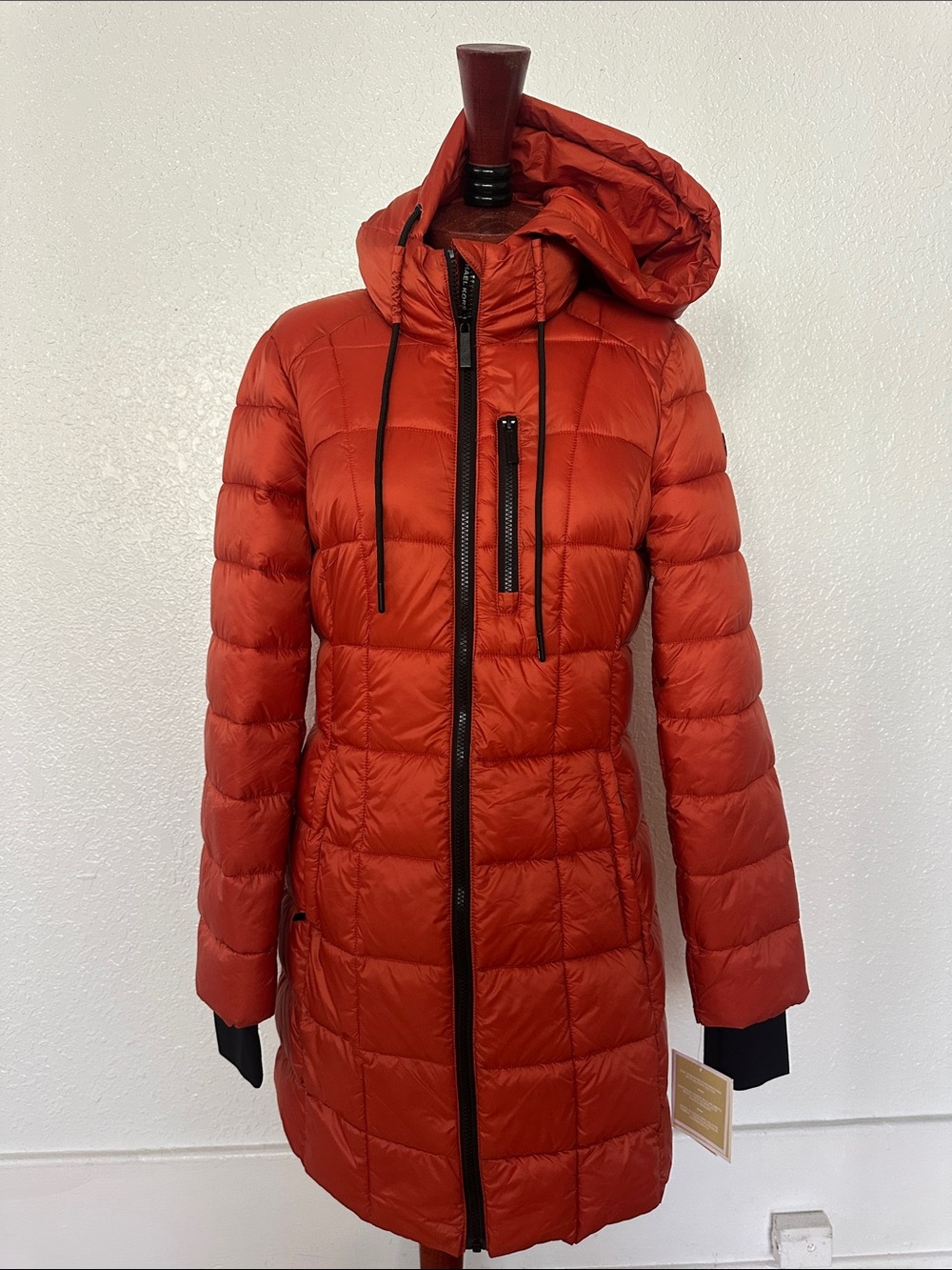 NWT Michael Kors Orange Hooded Long Puffer Coat Size Small
